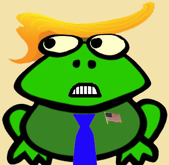 Trump cartoon frog outed as Secret Democrat Trump Frog looking sideways with frownie face - and his tie is bright blue